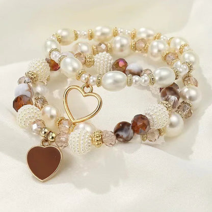 Luckacco 5pcs Heart Boho Beach Bracelet Set Pearl Crystal Beaded Multilayer Wrist Jewelry For Women Gift