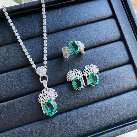 Luckacco Valuable Lab Jade Diamond Jewelry set 925 Sterling Silver Engagement Wedding Rings Earrings Necklace For Women Bridal Party Gift