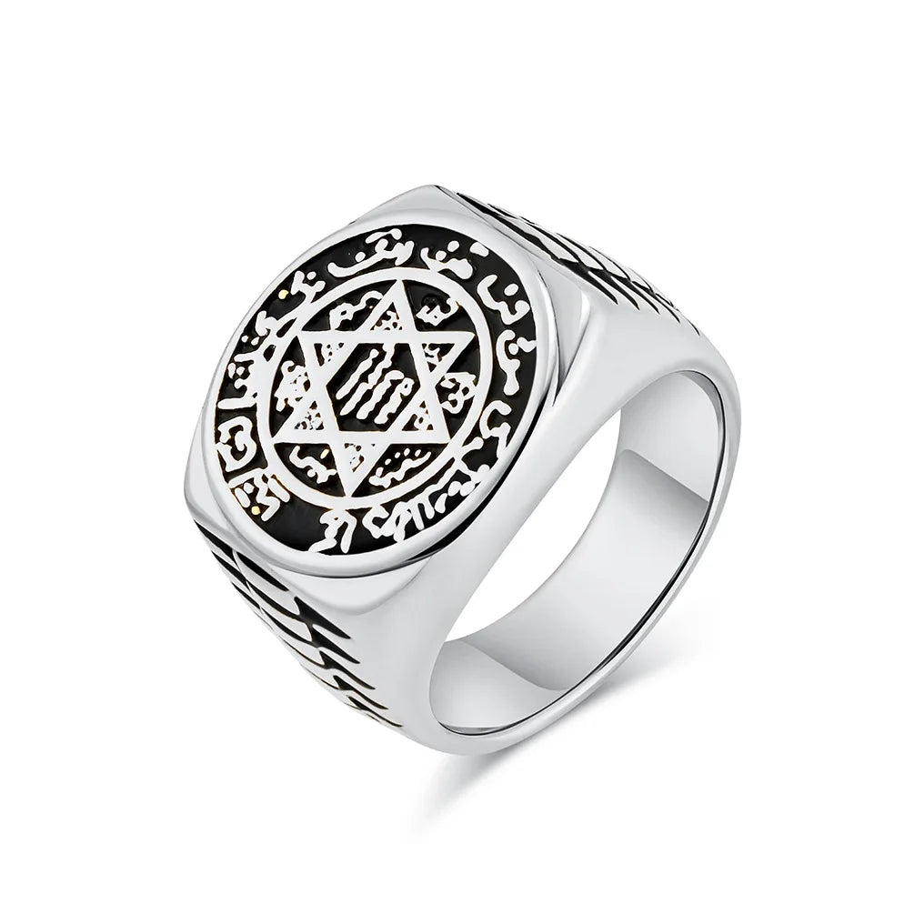 luckacco seal solomon six-pointed star 12 constellation mens womens stainless steel talisman health prosperity ring