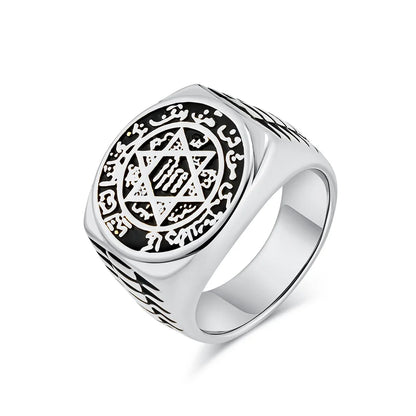 Luckacco Seal Solomon Six-Pointed Star 12 Constellation Mens Womens Stainless Steel Talisman Health Prosperity Ring