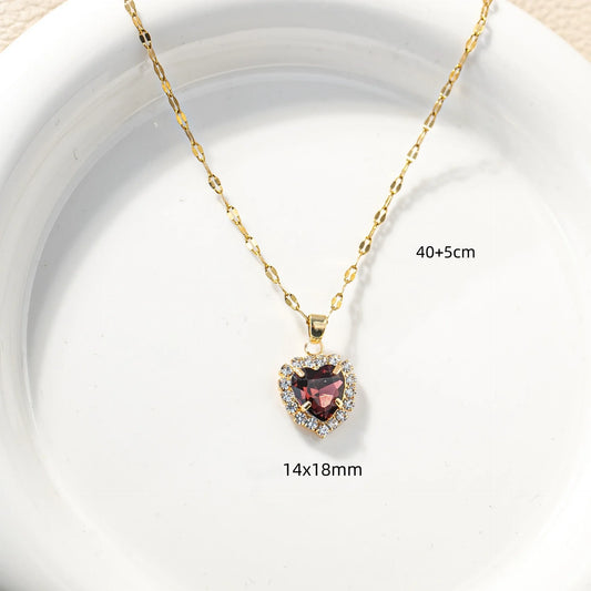 Luckacco Stainless Steel Chain Classic Shiny Colorful Zircon Heart Pendant Necklace for Women Lady Vintage Jewelry Accessories Gifts