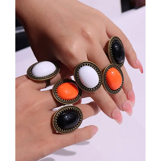 Luckacco Vintage Orange Color Black White Oval Resin Metal Rings for Women Girl Autumn Winter Elegant Jewelry Gift HUANZHI 2023 NEW