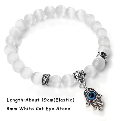 Luckacco Natural Cat Eye Stone Bracelet & Bangle for Women Brief White Pink Opal Beads Yoga Balance Jewelry Lucky Wristband Handmade Gift
