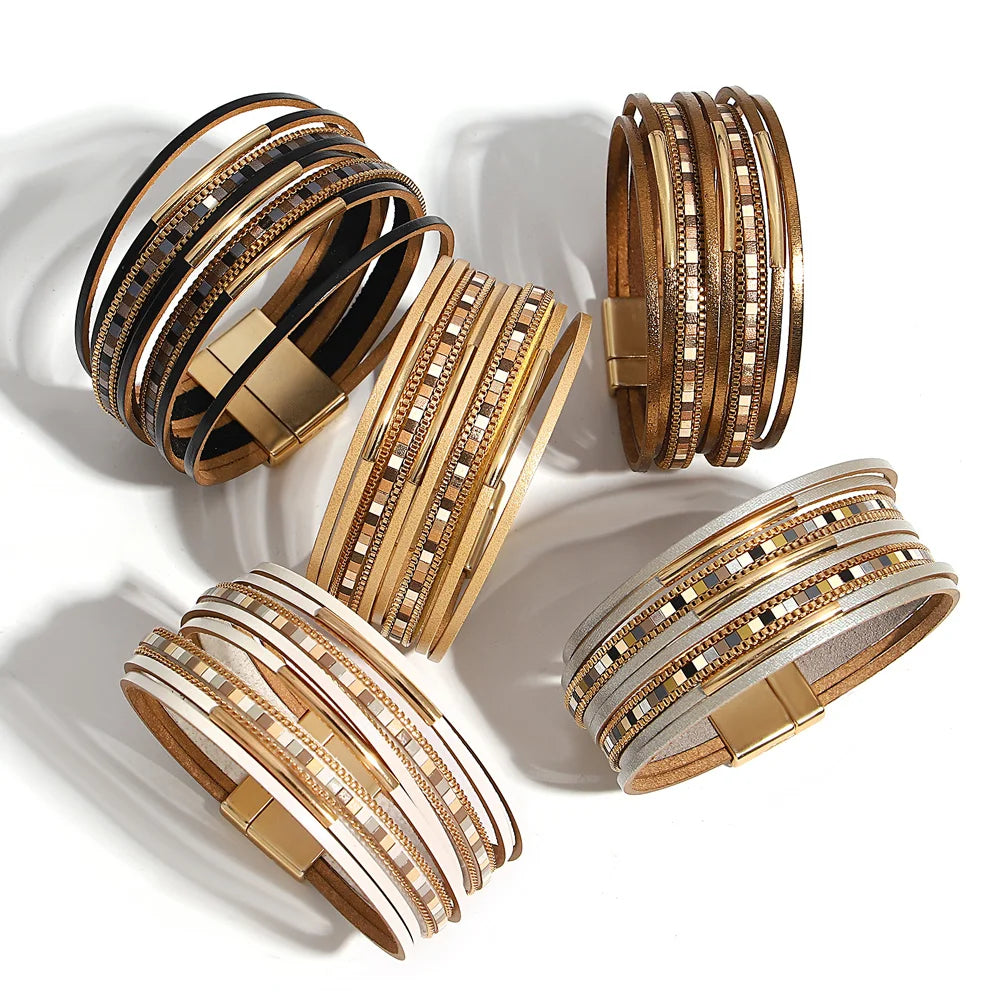 luckacco allyes trendy colorful square leather bracelet for women men boho metal tube multilayer wrap wide bracelets charm party jewelry
