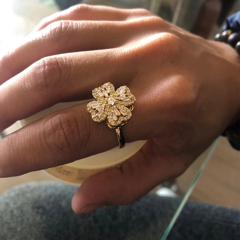 luckacco four clover rotating anxiety rings for women gold color adjustable stainless steel wedding ring aesthetic jewelry gift anillos