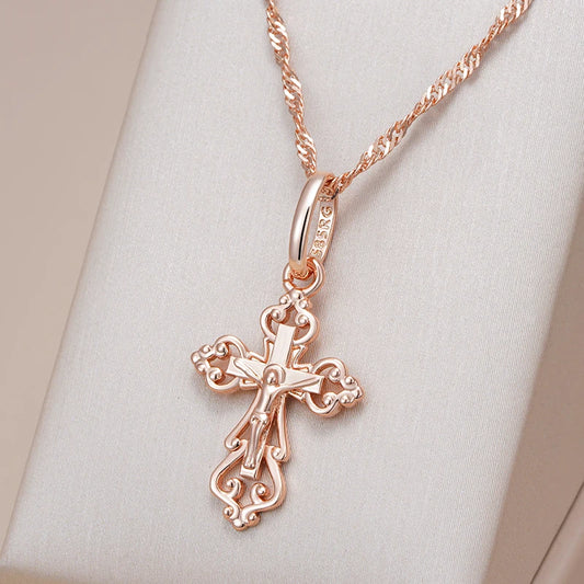 Luckacco Kinel Luxury 585 Rose Gold Color Cross Pendant Necklace For Women Men Orthodox Church Jesus Glossy Charm Daily Fine Jewelry