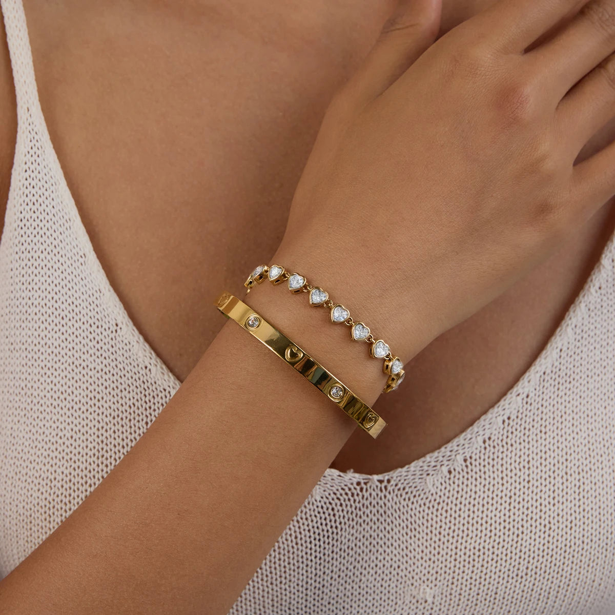 luckacco uworld fashion trend zircon heart tennis chain bracelet 18k gold color plated stainless steel round chain stackable bracelet wom