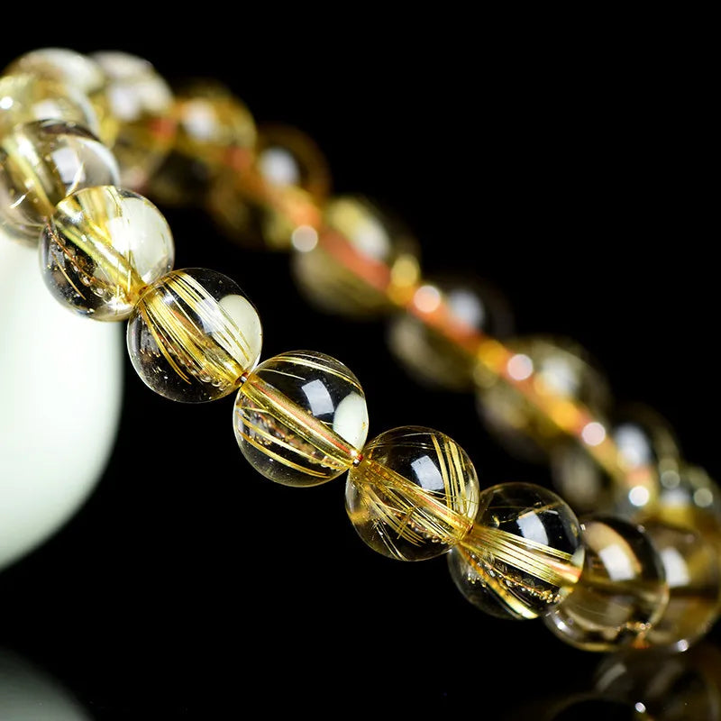 luckacco natural gold rutilated titanium quartz clear beads bracelet for woman man 7mm 8mm wealthy brazil jewelry bangle aaaaaa