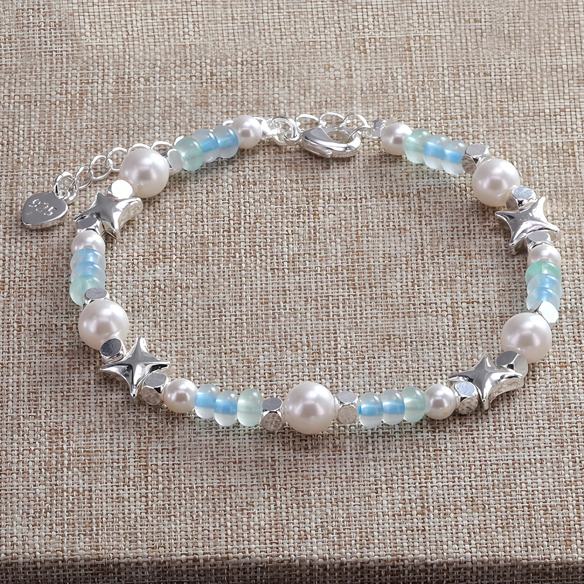luckacco ventfille 925 sterling silver 6mm shell pearl glass bead star bracelet for women gift crushed silver jewelry