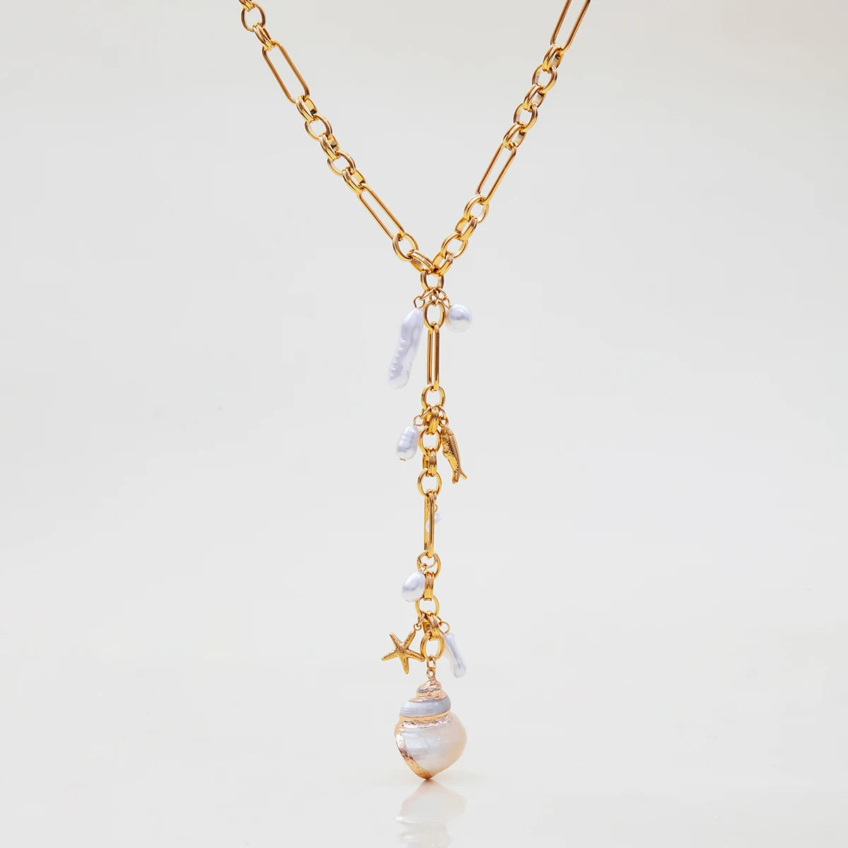 luckacco zora ocean holiday style conch pendant acrylic pearl y chain 18k gold-plated stainless steel handmade chain women's jewelry