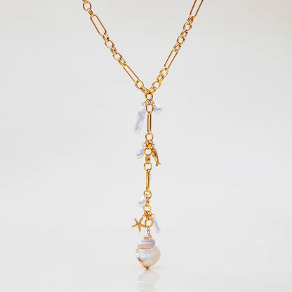 Luckacco Zora Ocean Holiday Style Conch Pendant Acrylic Pearl Y Chain 18K Gold-plated Stainless Steel Handmade Chain Women's Jewelry