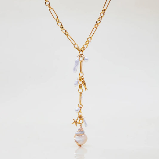 Luckacco Zora Ocean Holiday Style Conch Pendant Acrylic Pearl Y Chain 18K Gold-plated Stainless Steel Handmade Chain Women's Jewelry