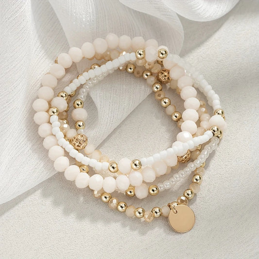 Luckacco 5pcs/set Personalized Creative Beaded Round Piece Pendant Bracelet Women's Multi-layer Stacking Jewelry Accessories Gifts