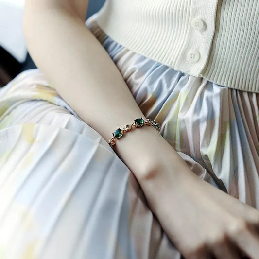 Luckacco Luxury Green Rhinestone Crystal Bracelet Gold Color Link Chain Bracelets For Women Vintage Party Wedding Bridal Jewelry Gifts