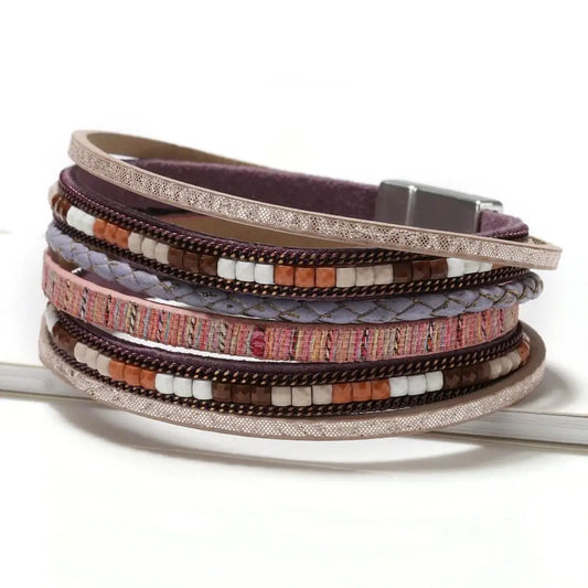 Luckacco Multilayer Brown Leather Bracelet For Women Fashion Creative Bohemian Hand Woven Magnetic Clasp Bracelet
