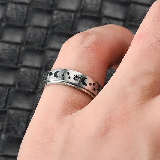 Luckacco Vintage Stainless Steel Sun Moon Star Rotating Spinning Wedding Promise Anniversary Statement Band Ring Jewelry