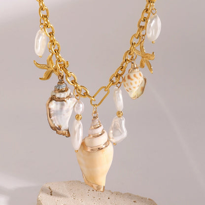 Luckacco Youthway-Collier Bohème en Acier Inoxydable pour Femme, Grande Perle Imperméable, Pendentif Conque Étoile de Mer, Bijoux de Plage Océan