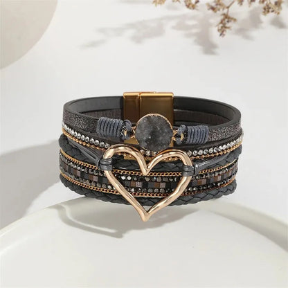 Luckacco New Metal Love Heart Charm Leather Bracelets for Women Fashion Bohemian Rhinestone Resin Wrap Bracelet Bangle Couple Jewelry
