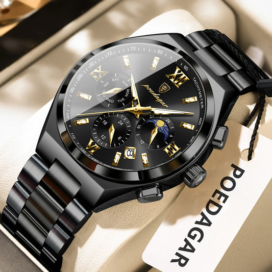 Luckacco POEDAGAR Luxury Sport Man Wristwatch Original Luminous Week Date Watch For Men Stainless Steel Men's Quartz Watches Reloj Hombre