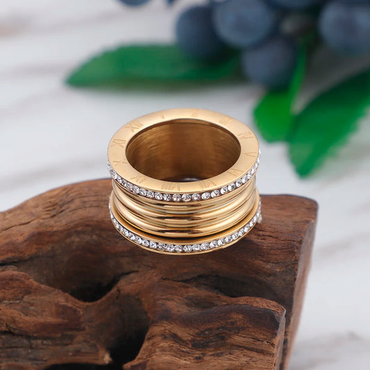 Luckacco Elegant Stainless Steel Large Rings for Women Roman Alphabet Shiny Zircon Ring Chunky Anillos Mujer Party Wedding Jewelry Luxury