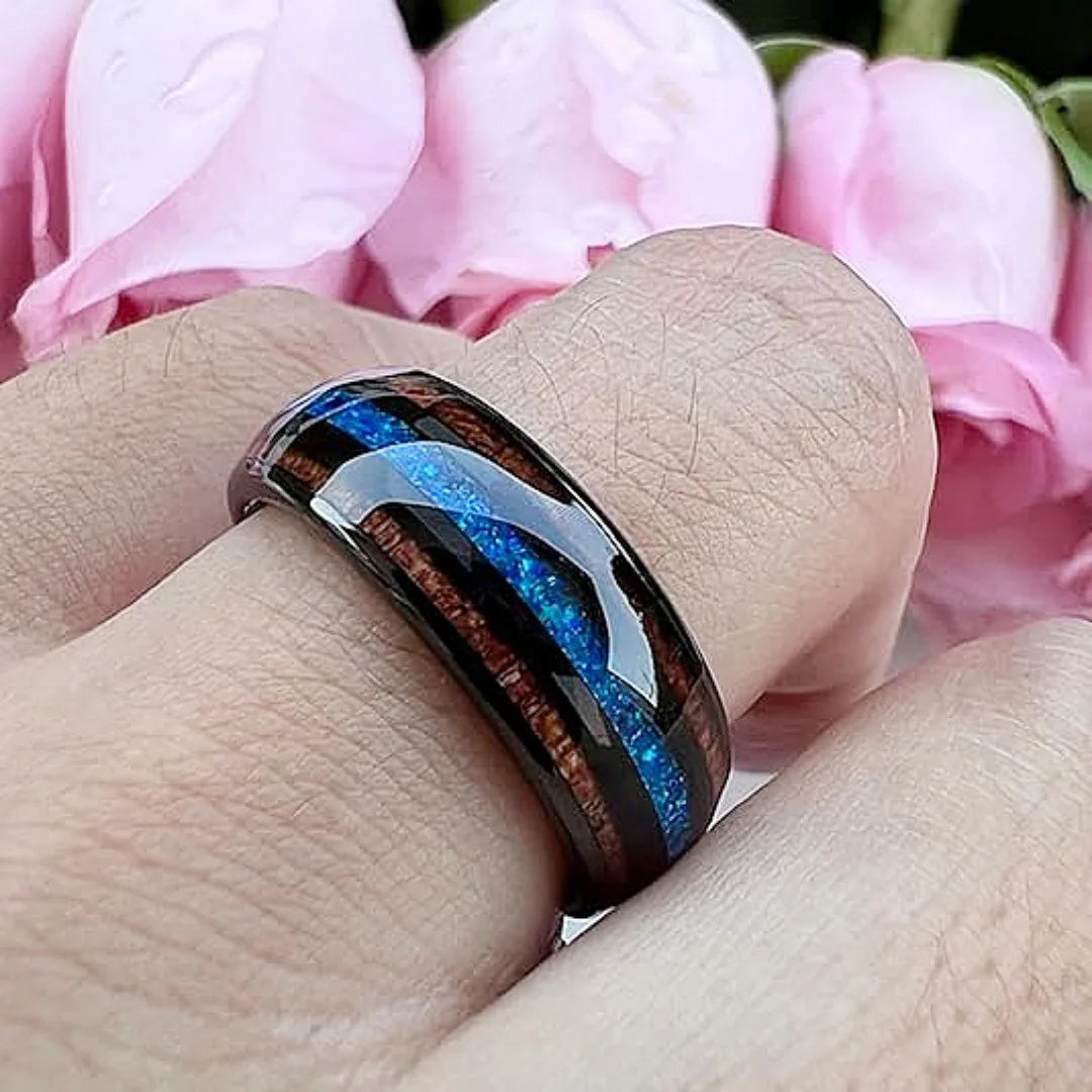 luckacco 8mm unique blue opal inaly men's black stainless steel rings koa wood wedding band jewelry party steel ring accessory
