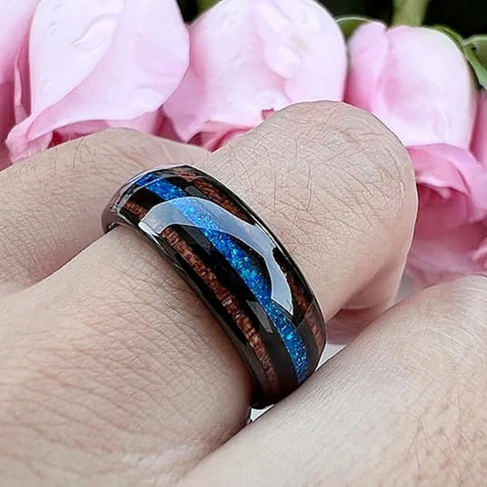 Luckacco 8MM Unique Blue Opal Inaly Men's Black Stainless Steel Rings Koa Wood Wedding Band Jewelry Party Steel Ring Accessory