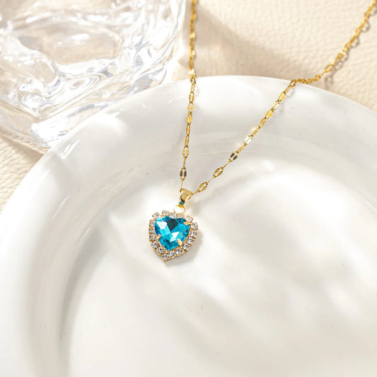 Luckacco Stainless Steel Chain Classic Shiny Colorful Zircon Heart Pendant Necklace for Women Lady Vintage Jewelry Accessories Gifts