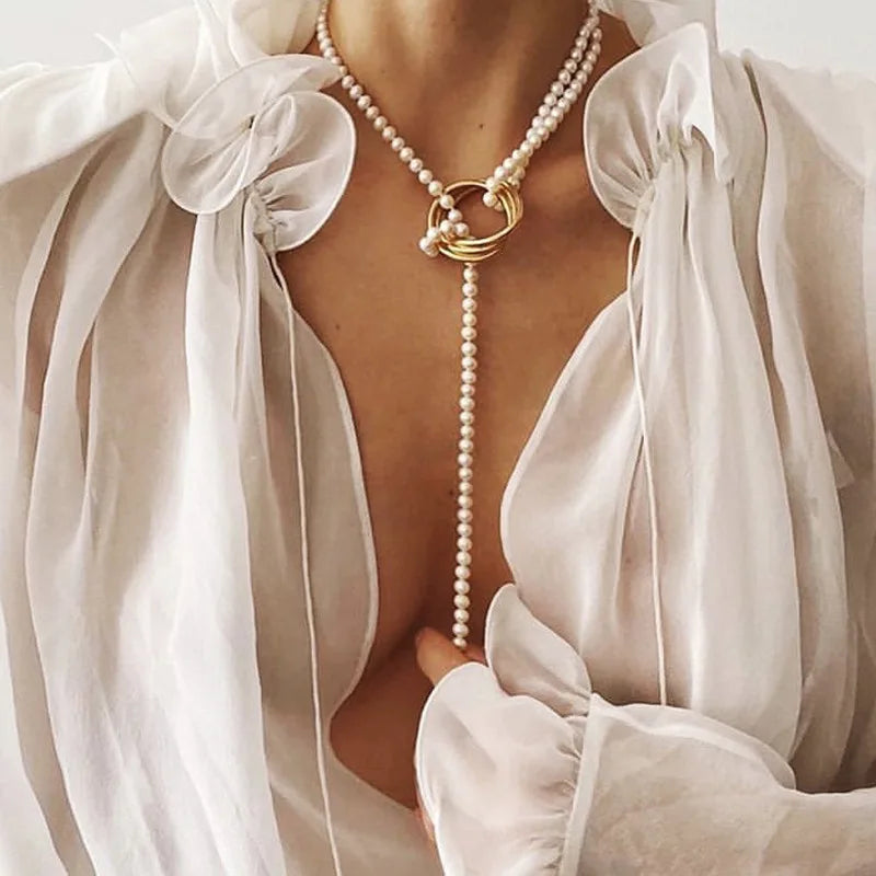 luckacco vintage pearl pendant necklace for women elegant beaded long tassel sweater collar chain accessories temperament fashion jewelry