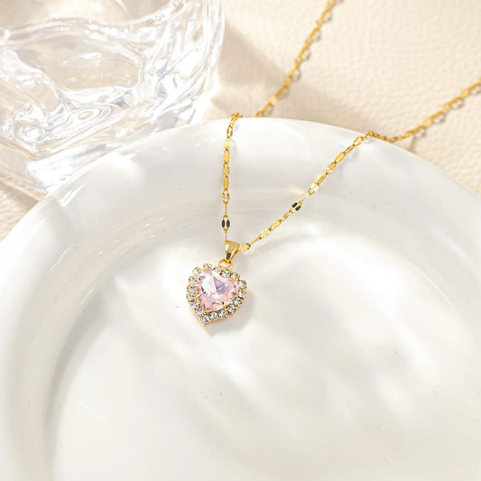 Luckacco Stainless Steel Chain Classic Shiny Colorful Zircon Heart Pendant Necklace for Women Lady Vintage Jewelry Accessories Gifts