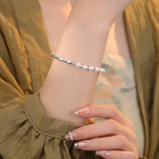 Luckacco 925 Sterling Silver Pearl Beads Bracelet for Women Girls Vintage Irregular Metal Charm Bangles Luxury Fashion Party Jewelry Gift