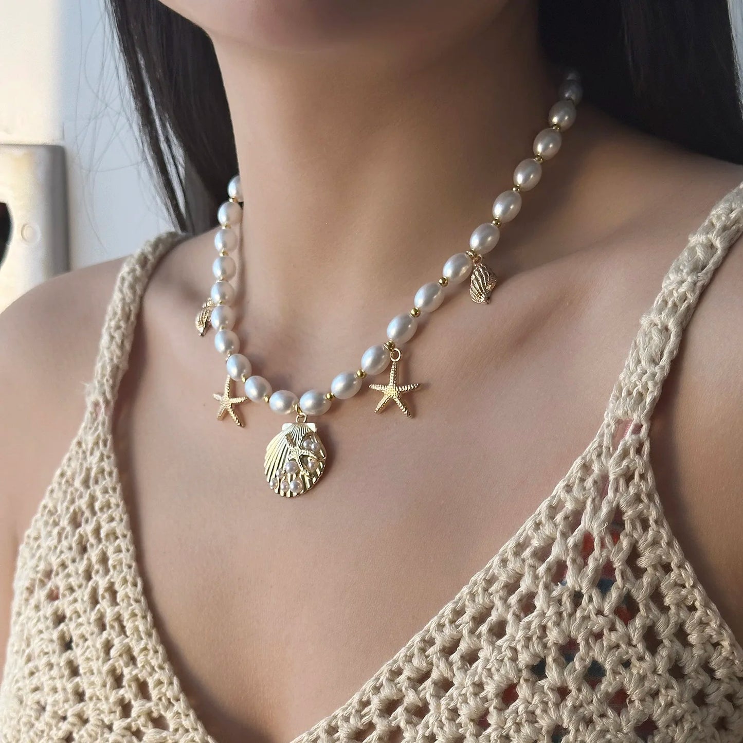 luckacco trendy boho imitation pearl metal necklace pendant for women ocean shell starfish conch choker necklace beach jewelry gift