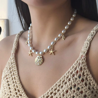 Luckacco Trendy Boho Imitation Pearl Metal Necklace Pendant for Women Ocean Shell Starfish Conch Choker Necklace Beach Jewelry Gift