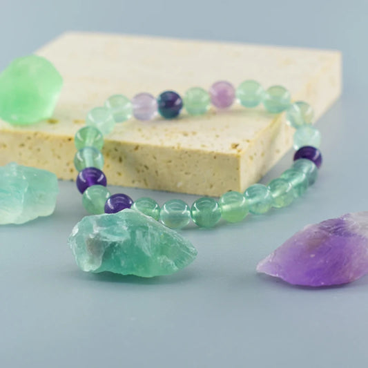 Luckacco Fluorite Bracelet with Natural Stones 6 8 10mm Beads Charm Jewelry for Women Amethyst Crystal Agates Beads Energy Healing Bangle