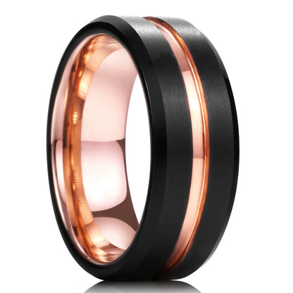 Luckacco Fashion Men 8mm Rose Gold Color Stainless Steel Rings Double Groove Pattern Promise Rings For Men Wedding Jewelry Accessories