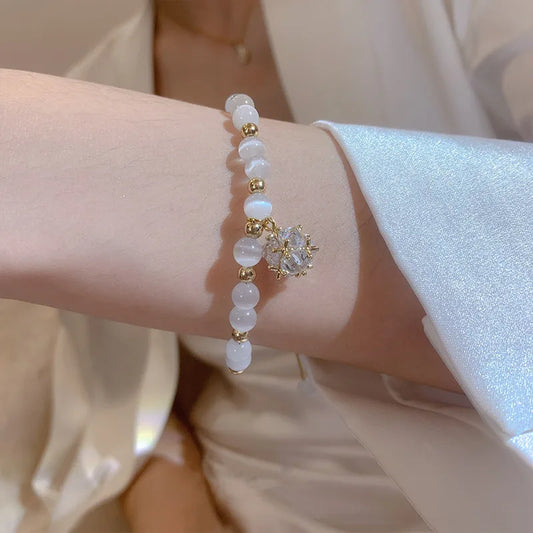 Luckacco Cat Eye Stone Bead Bracelet For Women Girls Rhinestone Crystal Pendant Bracelet Exquisite Adjustable Bracelet Wristband Jewelry
