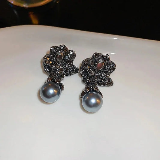 Luckacco Inlaid Rhinestone Asymmetrical Pearl Earrings for Women Palace Style Retro Fringe Drop Earring Exaggerated Jewelry
