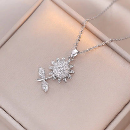 Luckacco Korea Trendy Crystal Sunflower Rotatable Pendant Necklace for Women Luxury Silver Color Stainless Steel Zircon Choker Jewelry
