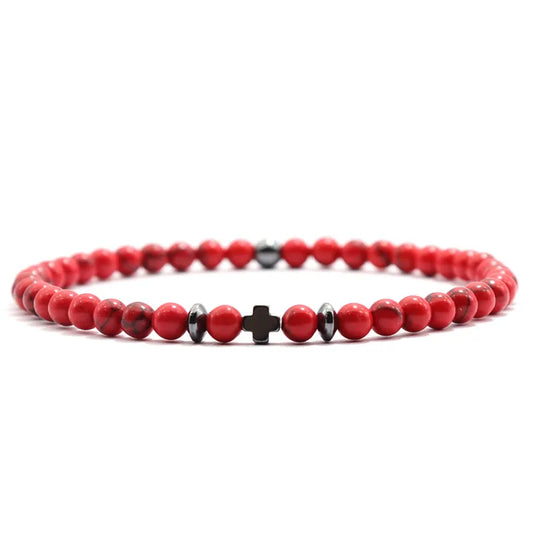 Luckacco New Fashion Cross Bracelet For Men 4mm Small Beads Strand Braslet Natural Red Howlite Lava Stone Braclet Hematite Healing Joias