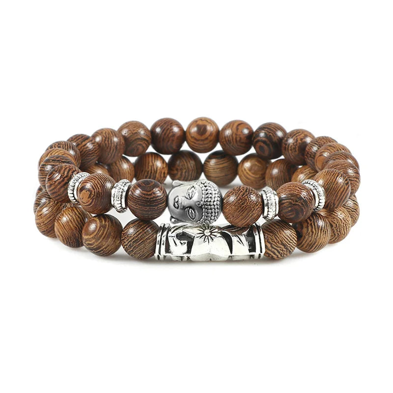 luckacco 2pcs/set buddha head bracelet for women men natural tiger eye lava stone yoga beads distance bracelets charm couple jewelry gift