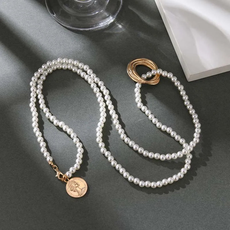 luckacco vintage pearl pendant necklace for women elegant beaded long tassel sweater collar chain accessories temperament fashion jewelry
