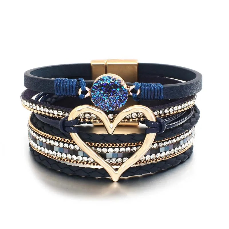 luckacco amorcome fashion braided leather wrap bracelets bangles multilayer resin stone hollow heart charm bracelets women gift pulseira