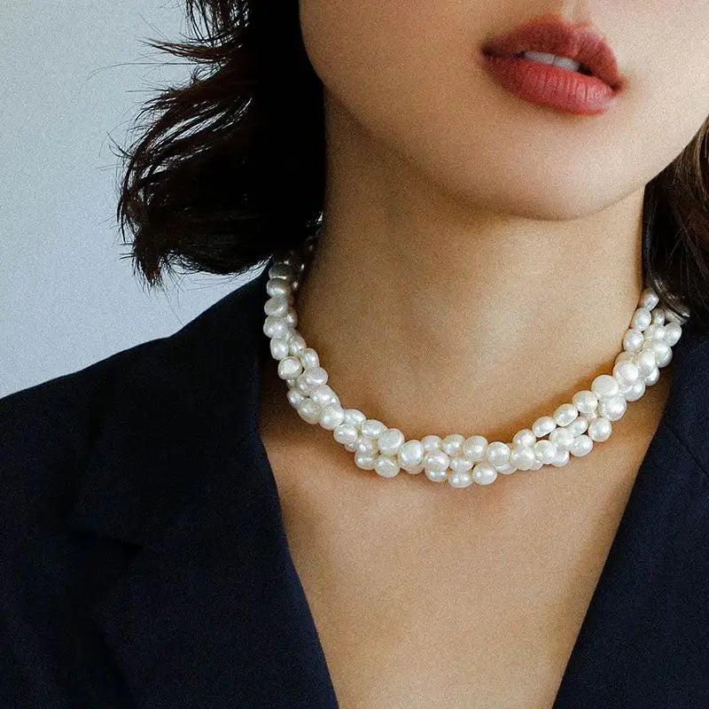 luckacco brass natural baroque pearl layered chain choker necklace women jewelry punk designer runway rare gown boho japan korean