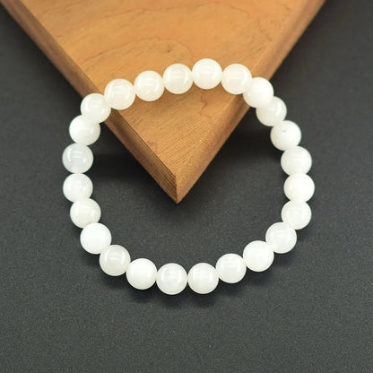 Luckacco Genuine Natural White Jade Bead Bracelet Women Men Round Jades Purify the Soul Stone Elastic Bangle Yoga Meditation Jewelry Gift