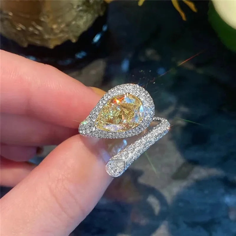 luckacco luxury water drop lab emerald sapphire open ring exquisite silver 925 banquet finger rings valentine's day gifts
