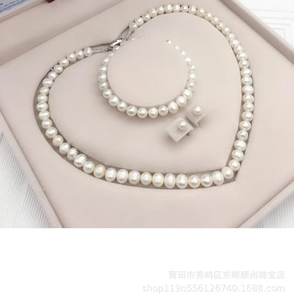 Luckacco 8-9mm Near Round White Natural Freshwater Pearl Necklace Red/Green Waterdrop Chalcedony Bracelet Earrings for Mother Jewelry Set