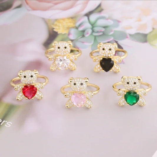 Luckacco New Love Bear Ring INS Light Luxury Ring Charm Jewelry Ring Cute Girl Gift Factory  Zircon Ring