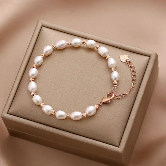 Luckacco Kpop Oval Imitation Pearl Bracelets For Woman Elegant Baroque Champagne Pearl Beads Chain Charm Bracelet Wedding Jewelry