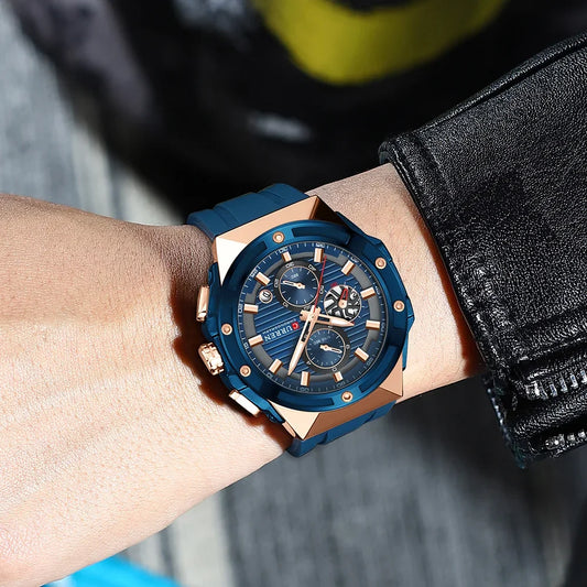 Luckacco CURREN Fashionable Sports Multifunctional Chronograph Quartz Watch with Silicone Strap Creative Design Dial Luminous Hands
