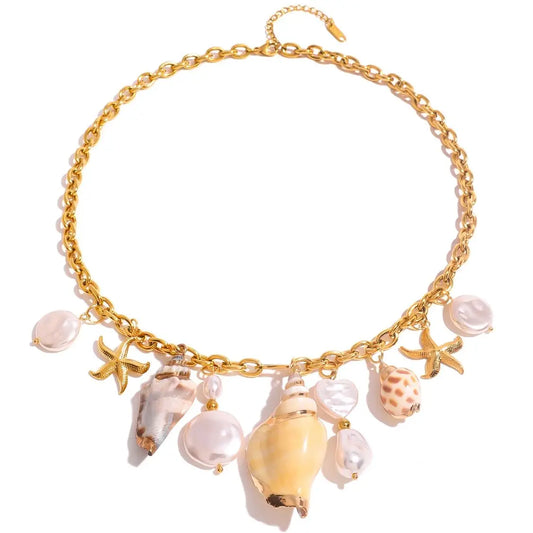 Luckacco Youthway-Collier Bohème en Acier Inoxydable pour Femme, Grande Perle Imperméable, Pendentif Conque Étoile de Mer, Bijoux de Plage Océan