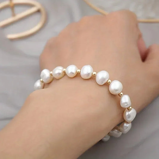 Luckacco DAINASHI 7-8mm Baroque Natural Freshwater Pearl Charm Bracelet for Women OT Clasp Women's Hand Bracelet Jewelry Gifts